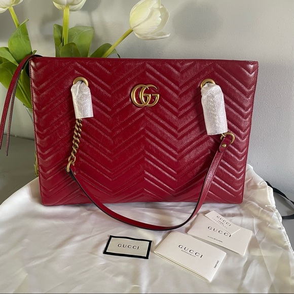 NEW Gucci Medium Metalasse Chevron Tote Cerise Red - Picture 3 of 14